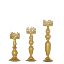 Antique Gold Lace Hurricane Glass Candle Holder Set, Pillar Votive Candle Holders -Home Decor Promotional Store CHDLR CAND 028 SET GOLD 99