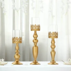 Antique Gold Lace Hurricane Glass Candle Holder Set, Pillar Votive Candle Holders