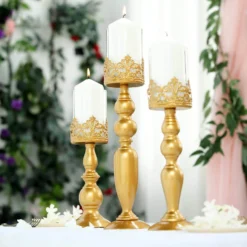 Antique Gold Lace Hurricane Glass Candle Holder Set, Pillar Votive Candle Holders -Home Decor Promotional Store CHDLR CAND 028 SET GOLD 02