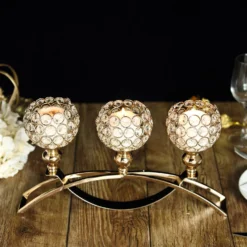 Arch Bridge 3 Arm Crystal Beaded Candle Holder, Votive Goblet Candelabra 16" -Home Decor Promotional Store CHDLR CAND 029 GOLD 02