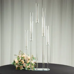 Clear Crystal 7-Arm Cluster Aisle Candlestick Stand With Hurricane Shades, Taper Candle Candelabra Table Centerpiece 47" -Home Decor Promotional Store CHDLR CAND 030O 7 CLR D05