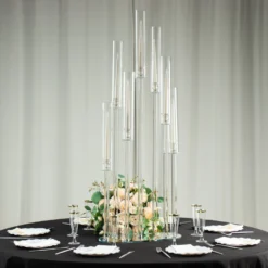 Clear Crystal 7-Arm Cluster Aisle Candlestick Stand With Hurricane Shades, Taper Candle Candelabra Table Centerpiece 47"