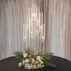 Clear Crystal Cluster Round Taper Candelabra, Candle Holder For Votive, Pillar Or LED Candles With Mirror Base