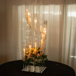 Crystal Cluster Glass Candelabra Floral Pedestal Stand, Square Hurricane Taper Candle Holder Stand -Home Decor Promotional Store CHDLR CAND 030S 12 CLR D02