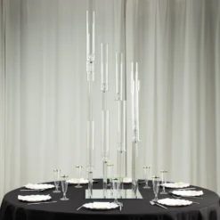 Crystal Cluster Glass Candelabra Floral Pedestal Stand, Square Hurricane Taper Candle Holder Stand -Home Decor Promotional Store CHDLR CAND 030S 12 CLR D05