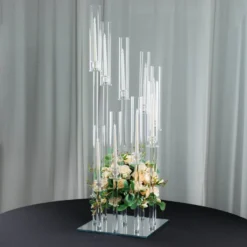 Crystal Cluster Glass Candelabra Floral Pedestal Stand, Square Hurricane Taper Candle Holder Stand
