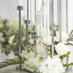 Silver Cluster Taper Candle Holder With Clear Glass Shades, Large Candle Arrangement -Home Decor Promotional Store CHDLR CAND 030 12 SILV D03