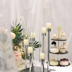 Silver Cluster Taper Candle Holder With Clear Glass Shades, Large Candle Arrangement -Home Decor Promotional Store CHDLR CAND 030 6 SILV D02