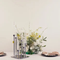 Silver Cluster Taper Candle Holder With Clear Glass Shades, Large Candle Arrangement -Home Decor Promotional Store CHDLR CAND 030 6 SILV D03