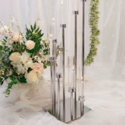 Silver Cluster Taper Candle Holder With Clear Glass Shades, Large Candle Arrangement -Home Decor Promotional Store CHDLR CAND 030 8 SILV 02