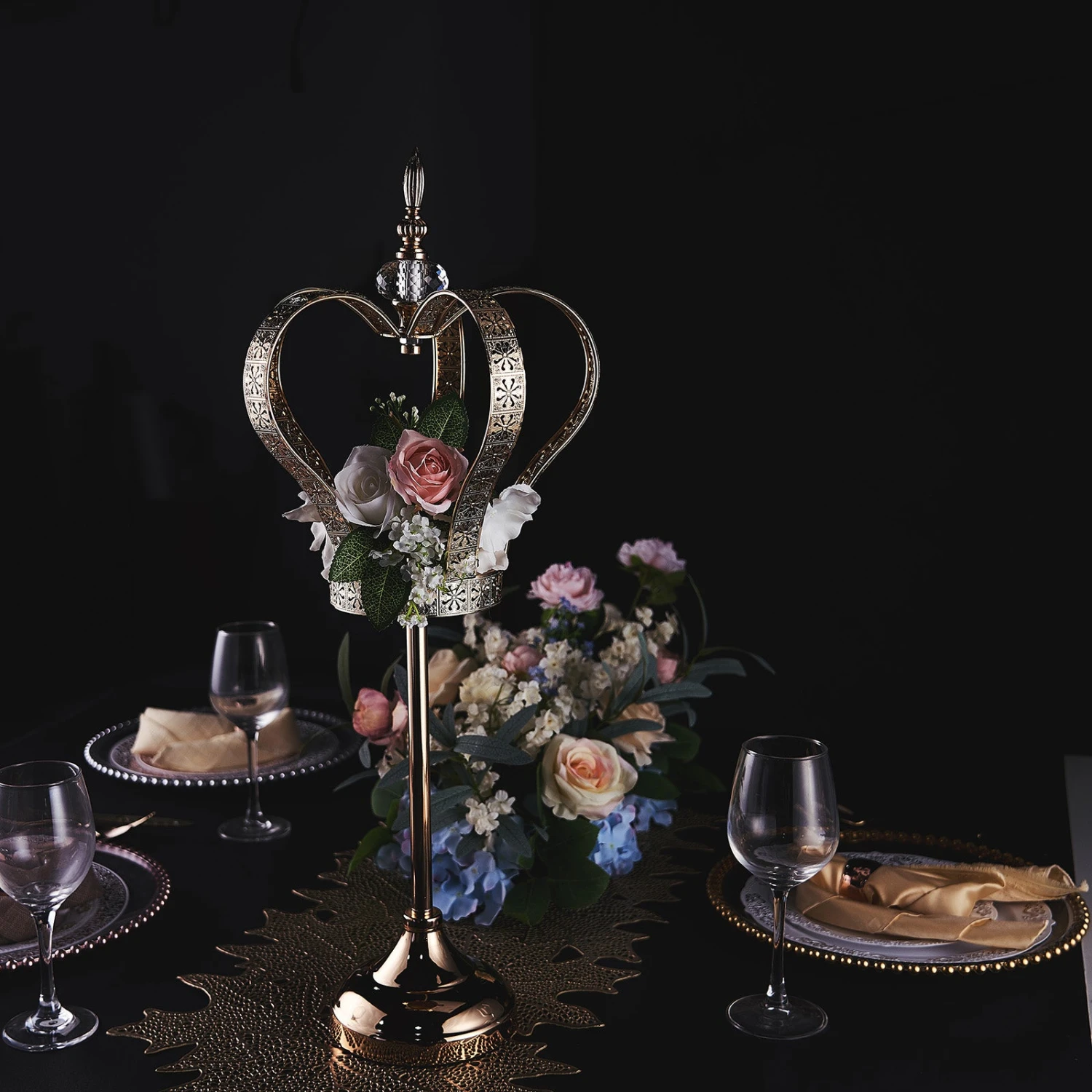 Gold Metal Crown Pillar Candle Holder Stand, Votive Holder Centerpiece 25" 9 Gold Metal Crown Pillar Candle Holder Stand, Votive Holder Centerpiece 25" - Image 9