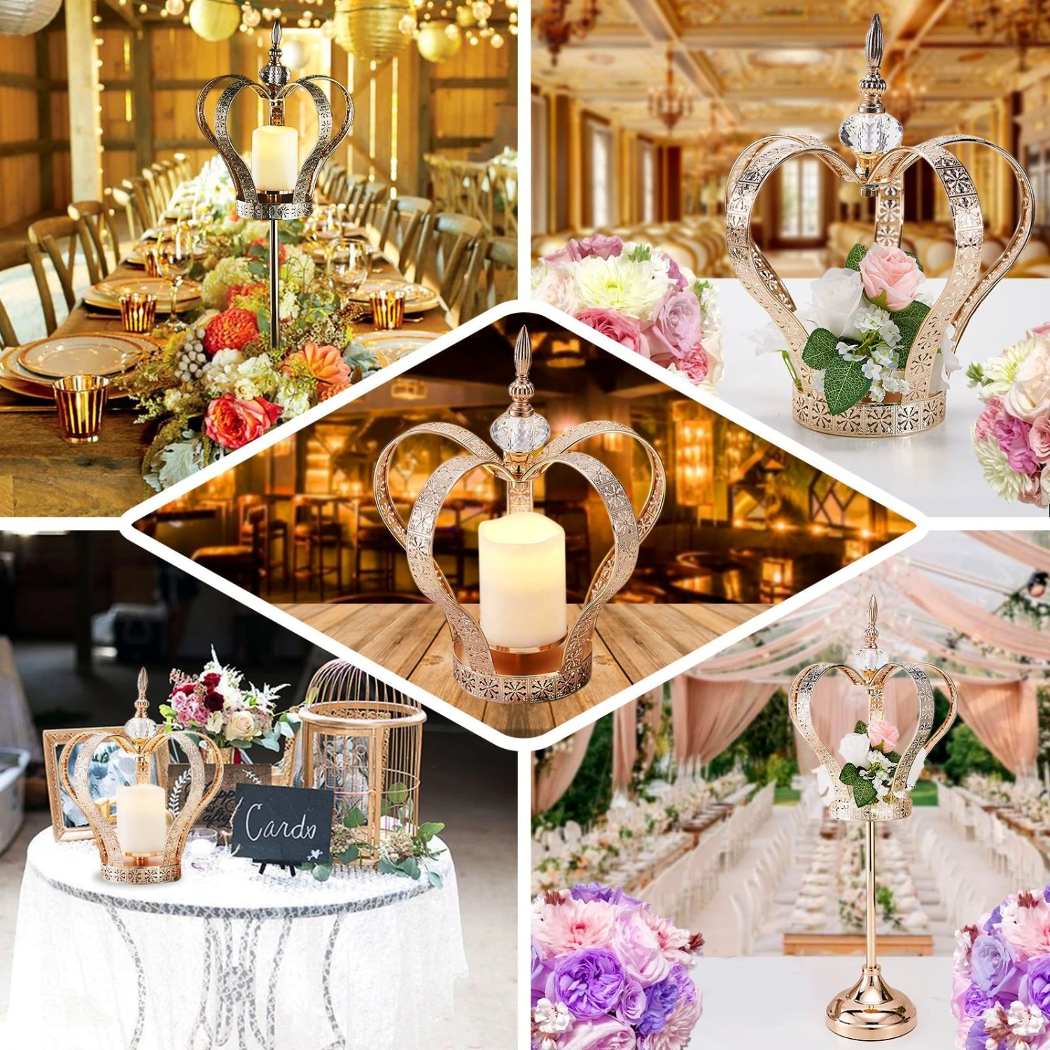 Gold Metal Crown Pillar Candle Holder Stand, Votive Holder Centerpiece 25" 3 Gold Metal Crown Pillar Candle Holder Stand, Votive Holder Centerpiece 25" - Image 3