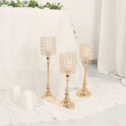 Set Of 3 | Gold Crystal Beaded Goblet Votive Candle Holder Centerpieces, Tea Light Candle Stands - 18", 16", 14" -Home Decor Promotional Store CHDLR CAND 033 SET GOLD D08