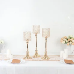 Set Of 3 | Gold Crystal Beaded Goblet Votive Candle Holder Centerpieces, Tea Light Candle Stands - 18", 16", 14" -Home Decor Promotional Store CHDLR CAND 033 SET GOLD 01