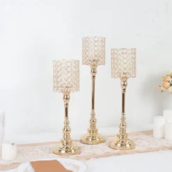 Set Of 3 | Gold Crystal Beaded Goblet Votive Candle Holder Centerpieces, Tea Light Candle Stands - 18", 16", 14"