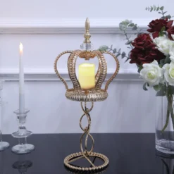 Gold Metal Crown Spiral Pillar Candle Holder Stand, Jeweled Votive Candle Centerpiece -Home Decor Promotional Store CHDLR CAND 034 L GOLD D02