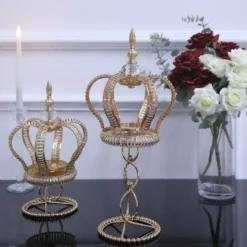Gold Metal Crown Spiral Pillar Candle Holder Stand, Jeweled Votive Candle Centerpiece -Home Decor Promotional Store CHDLR CAND 034 L GOLD D04