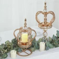 Gold Metal Crown Spiral Pillar Candle Holder Stand, Jeweled Votive Candle Centerpiece
