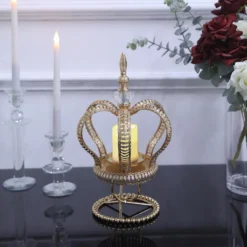 Gold Metal Crown Spiral Pillar Candle Holder Stand, Jeweled Votive Candle Centerpiece -Home Decor Promotional Store CHDLR CAND 034 S GOLD D02