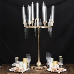 Gold 9 Arm Round Cluster Taper Candelabra Table Centerpiece With Drip Accents, Metal Candlestick Holder Arrangement With Clear Glass Shades 40" -Home Decor Promotional Store CHDLR CAND 035RND 9 GOLD D06