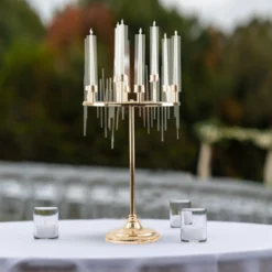 Gold 9 Arm Round Cluster Taper Candelabra Table Centerpiece With Drip Accents, Metal Candlestick Holder Arrangement With Clear Glass Shades 40" -Home Decor Promotional Store CHDLR CAND 035RND 9 GOLD 02