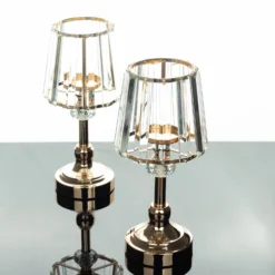 2 Pack Gold Metal Pillar Votive Candle Holders With Crystal Lamp Shade, Candlestick Stand For Table Centerpieces 11" -Home Decor Promotional Store CHDLR CAND 036 11 GOLD D03