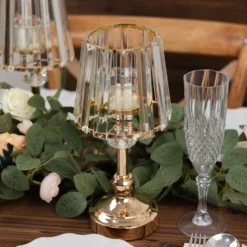 2 Pack Gold Metal Pillar Votive Candle Holders With Crystal Lamp Shade, Candlestick Stand For Table Centerpieces 11" -Home Decor Promotional Store CHDLR CAND 036 11 GOLD D06