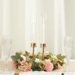 Gold Metal Clear Glass Taper Candlestick Holders, Hurricane Candle Stands With Glass Chimney Candle Shades 26 Gold Metal Clear Glass Taper Candlestick Holders, Hurricane Candle Stands With Glass Chimney Candle Shades -Home Decor Promotional Store CHDLR CAND 041 16 GOLD D03