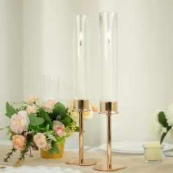 Gold Metal Clear Glass Taper Candlestick Holders, Hurricane Candle Stands With Glass Chimney Candle Shades 28 Gold Metal Clear Glass Taper Candlestick Holders, Hurricane Candle Stands With Glass Chimney Candle Shades -Home Decor Promotional Store CHDLR CAND 041 16 GOLD 02