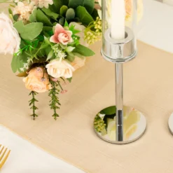 Silver Metal Clear Glass Taper Candlestick Holders, Hurricane Candle Stands With Glass Chimney Candle Shades -Home Decor Promotional Store CHDLR CAND 041 16 SILV D03