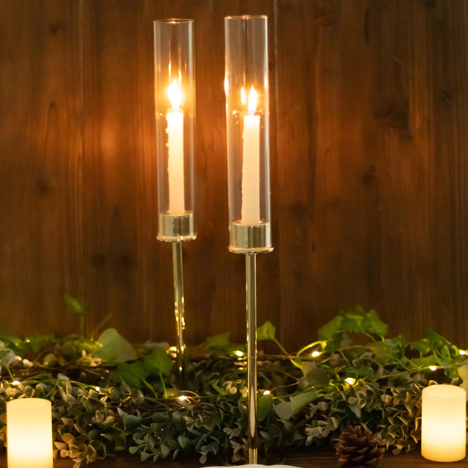 Gold Metal Clear Glass Taper Candlestick Holders, Hurricane Candle Stands With Glass Chimney Candle Shades 12 Gold Metal Clear Glass Taper Candlestick Holders, Hurricane Candle Stands With Glass Chimney Candle Shades - Image 12