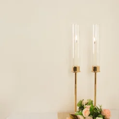 Gold Metal Clear Glass Taper Candlestick Holders, Hurricane Candle Stands With Glass Chimney Candle Shades 32 Gold Metal Clear Glass Taper Candlestick Holders, Hurricane Candle Stands With Glass Chimney Candle Shades -Home Decor Promotional Store CHDLR CAND 041 20 GOLD D03