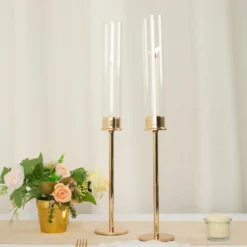 Gold Metal Clear Glass Taper Candlestick Holders, Hurricane Candle Stands With Glass Chimney Candle Shades 29 Gold Metal Clear Glass Taper Candlestick Holders, Hurricane Candle Stands With Glass Chimney Candle Shades -Home Decor Promotional Store CHDLR CAND 041 20 GOLD 02