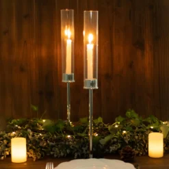 Silver Metal Clear Glass Taper Candlestick Holders, Hurricane Candle Stands With Glass Chimney Candle Shades -Home Decor Promotional Store CHDLR CAND 041 20 SILV D02