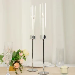 Silver Metal Clear Glass Taper Candlestick Holders, Hurricane Candle Stands With Glass Chimney Candle Shades -Home Decor Promotional Store CHDLR CAND 041 20 SILV 02