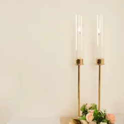 Gold Metal Clear Glass Taper Candlestick Holders, Hurricane Candle Stands With Glass Chimney Candle Shades 36 Gold Metal Clear Glass Taper Candlestick Holders, Hurricane Candle Stands With Glass Chimney Candle Shades -Home Decor Promotional Store CHDLR CAND 041 24 GOLD D03