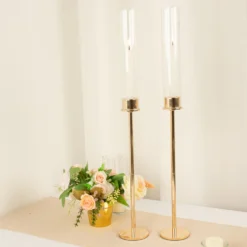 Gold Metal Clear Glass Taper Candlestick Holders, Hurricane Candle Stands With Glass Chimney Candle Shades 22 Gold Metal Clear Glass Taper Candlestick Holders, Hurricane Candle Stands With Glass Chimney Candle Shades -Home Decor Promotional Store CHDLR CAND 041 24 GOLD 01