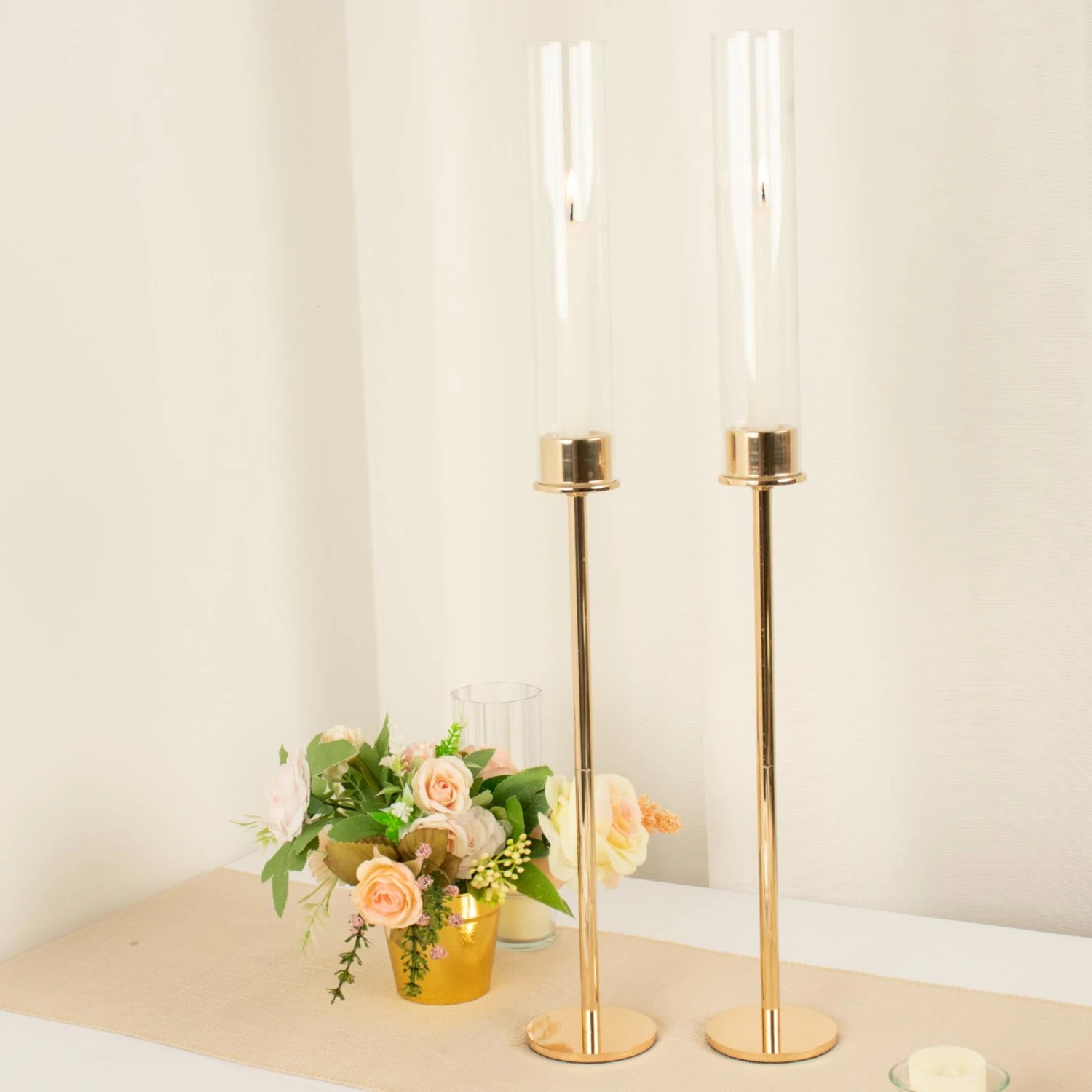 Gold Metal Clear Glass Taper Candlestick Holders, Hurricane Candle Stands With Glass Chimney Candle Shades 3 Gold Metal Clear Glass Taper Candlestick Holders, Hurricane Candle Stands With Glass Chimney Candle Shades - Image 3