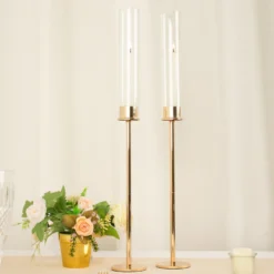 Gold Metal Clear Glass Taper Candlestick Holders, Hurricane Candle Stands With Glass Chimney Candle Shades 34 Gold Metal Clear Glass Taper Candlestick Holders, Hurricane Candle Stands With Glass Chimney Candle Shades -Home Decor Promotional Store CHDLR CAND 041 24 GOLD 02