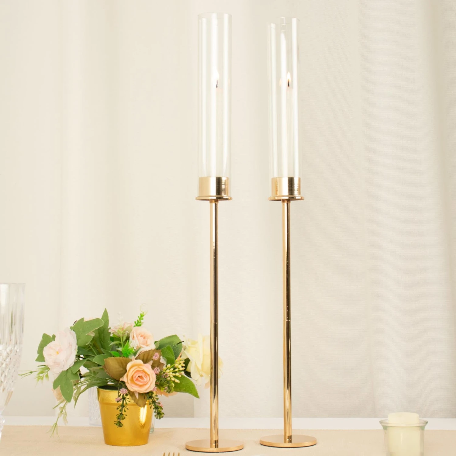 Gold Metal Clear Glass Taper Candlestick Holders, Hurricane Candle Stands With Glass Chimney Candle Shades 15 Gold Metal Clear Glass Taper Candlestick Holders, Hurricane Candle Stands With Glass Chimney Candle Shades - Image 15