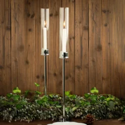 Silver Metal Clear Glass Taper Candlestick Holders, Hurricane Candle Stands With Glass Chimney Candle Shades -Home Decor Promotional Store CHDLR CAND 041 24 SILV D01