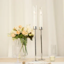 Silver Metal Clear Glass Taper Candlestick Holders, Hurricane Candle Stands With Glass Chimney Candle Shades -Home Decor Promotional Store CHDLR CAND 041 24 SILV D04