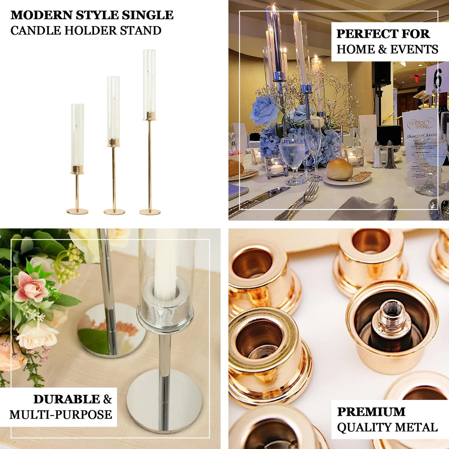 Gold Metal Clear Glass Taper Candlestick Holders, Hurricane Candle Stands With Glass Chimney Candle Shades 2 Gold Metal Clear Glass Taper Candlestick Holders, Hurricane Candle Stands With Glass Chimney Candle Shades - Image 2