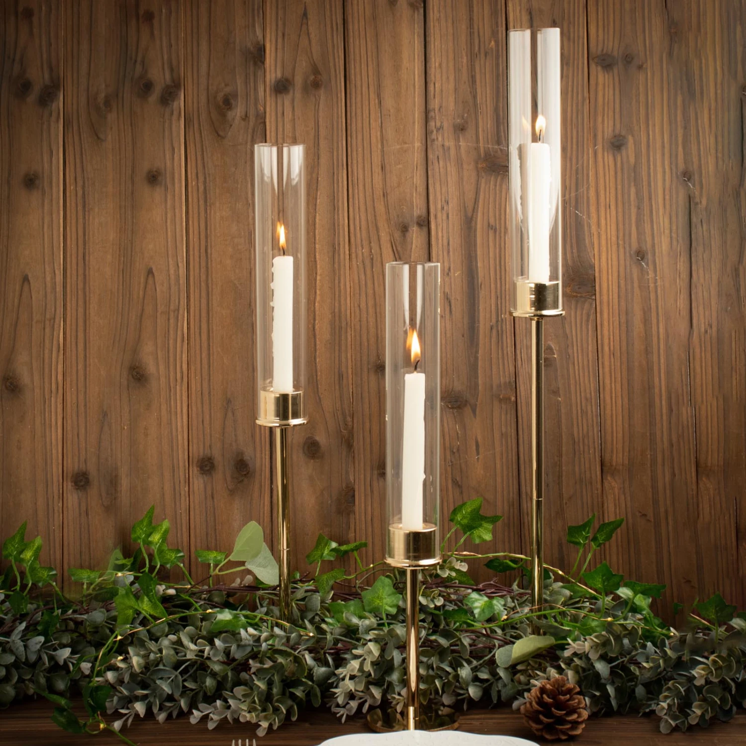 Gold Metal Clear Glass Taper Candlestick Holders, Hurricane Candle Stands With Glass Chimney Candle Shades 1 Gold Metal Clear Glass Taper Candlestick Holders, Hurricane Candle Stands With Glass Chimney Candle Shades