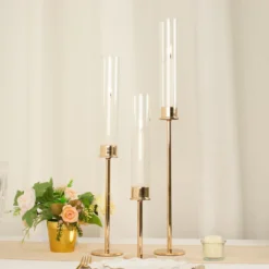 Gold Metal Clear Glass Taper Candlestick Holders, Hurricane Candle Stands With Glass Chimney Candle Shades 38 Gold Metal Clear Glass Taper Candlestick Holders, Hurricane Candle Stands With Glass Chimney Candle Shades -Home Decor Promotional Store CHDLR CAND 041 SET GOLD 02