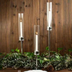 Silver Metal Clear Glass Taper Candlestick Holders, Hurricane Candle Stands With Glass Chimney Candle Shades -Home Decor Promotional Store CHDLR CAND 041 SET SILV D01