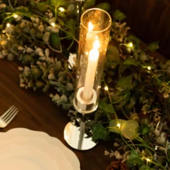 Silver Metal Clear Glass Taper Candlestick Holders, Hurricane Candle Stands With Glass Chimney Candle Shades -Home Decor Promotional Store CHDLR CAND 041 SET SILV D04