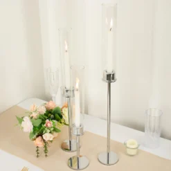 Silver Metal Clear Glass Taper Candlestick Holders, Hurricane Candle Stands With Glass Chimney Candle Shades -Home Decor Promotional Store CHDLR CAND 041 SET SILV 01