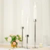 Silver Metal Clear Glass Taper Candlestick Holders, Hurricane Candle Stands With Glass Chimney Candle Shades