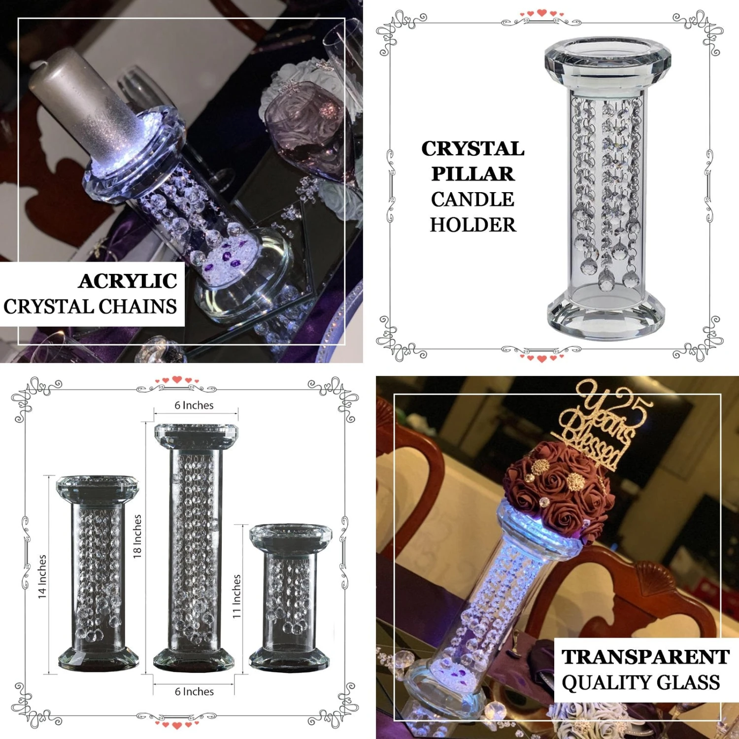 Gemcut Premium Glass Crystal Pillar Candle Holder, Pedestal Stand With Chandelier Crystal Chains 11" 2 Gemcut Premium Glass Crystal Pillar Candle Holder, Pedestal Stand With Chandelier Crystal Chains 11" - Image 2
